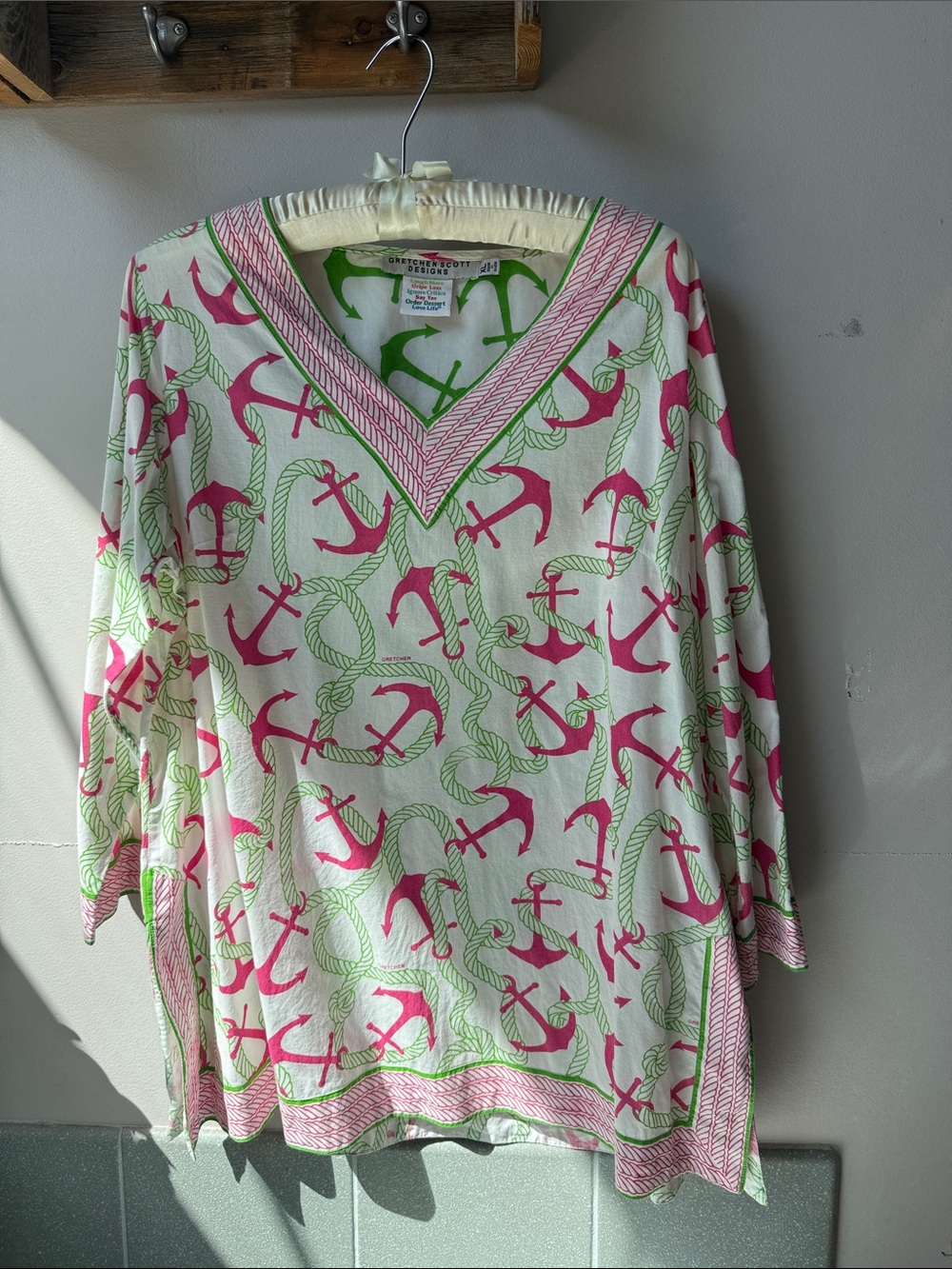 Gretchen Scott Designs Anchor Tunic Top XL Nautical Kaftan Pink Green